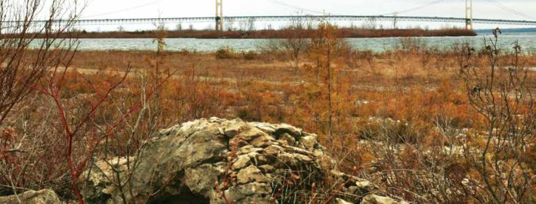 Large boulder of Mackinac breccia on the Lake Michigan shore with Mackinac Bridge in the background